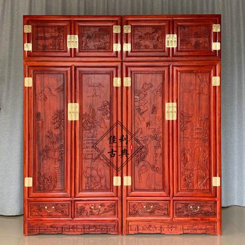 全实木中式顶箱柜香樟木衣柜卧室衣橱雕花收纳储物柜挂衣立柜复古