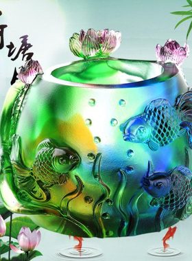 琉璃荷花笔筒玻璃办公室桌面装饰品摆件送女领导高档实用生日礼物