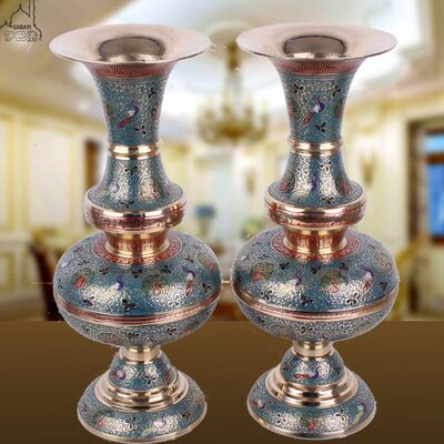 印度铜器手工漆彩仿古花瓶玄关橱窗花瓶摆件祝福平安如意孔雀花瓶