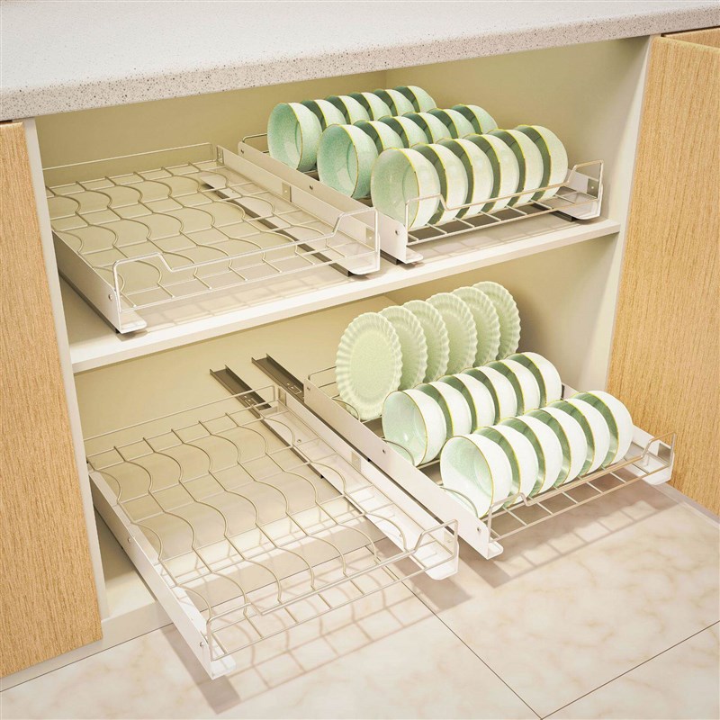 厨房抽拉碗碟收纳层l架整体橱柜免打孔碗盘拉篮收纳层架抽屉式碗