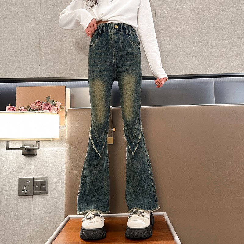 女童牛仔裤秋冬季2024新款童装洋气喇叭裤中大童女孩加绒加厚裤子