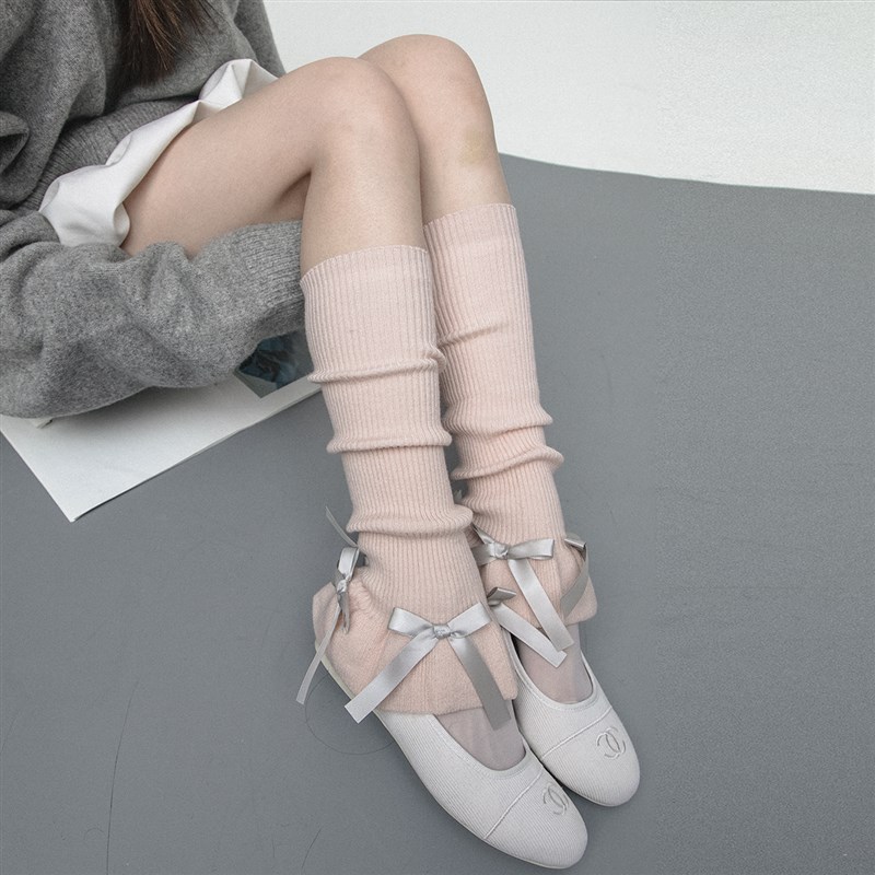 SS2L秋冬芭蕾少女风花苞可爱蝴蝶结喇叭口显瘦针织袜套女堆堆袜