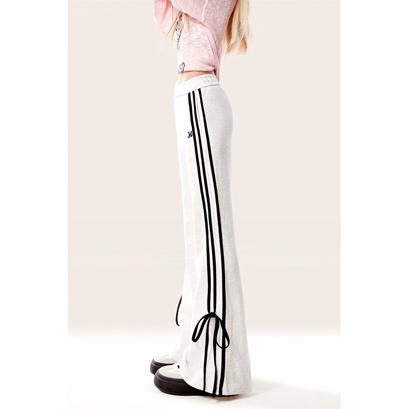 自然涩灰色条纹显瘦微喇裤女秋冬季休闲卫裤小个子加绒拖地长裤子