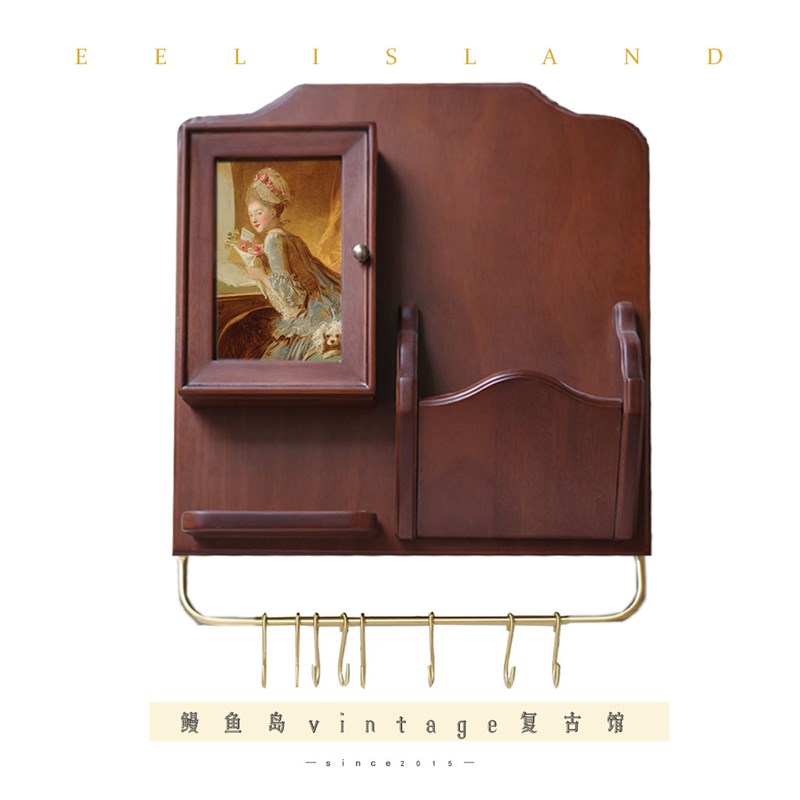 中古风多功能法式复古实木上墙置物架收纳壁柜R黄铜挂钩杯架吊柜