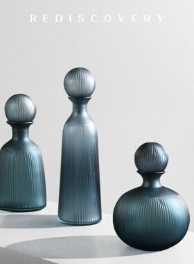 轻奢磨砂蓝灰色玻璃花瓶样板间展厅客厅软装带盖储物罐花瓶摆件