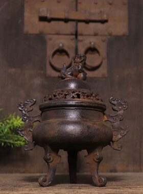 仿古铁器纯铁狮子双耳三足 熏香炉 古法工艺中式会所古典装饰摆件