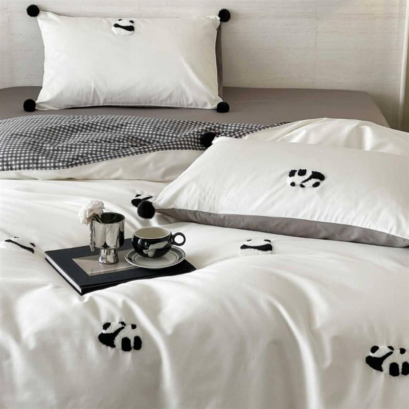 简约风毛巾绣长绒棉四件套格子印花被套枕套带毛球V床单床笠款床