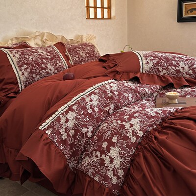 法式浪漫婚礼床上用品100支长绒棉刺绣花红色婚庆被套床单四件套