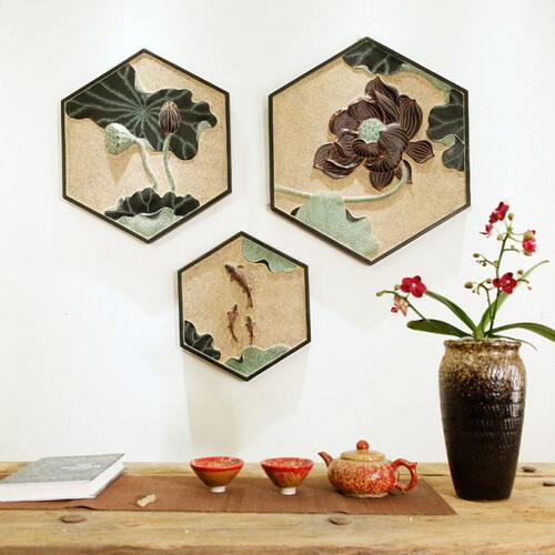 客厅组合背景墙3D立体浮雕壁画现代简约挂画玄关装饰画荷花无框画