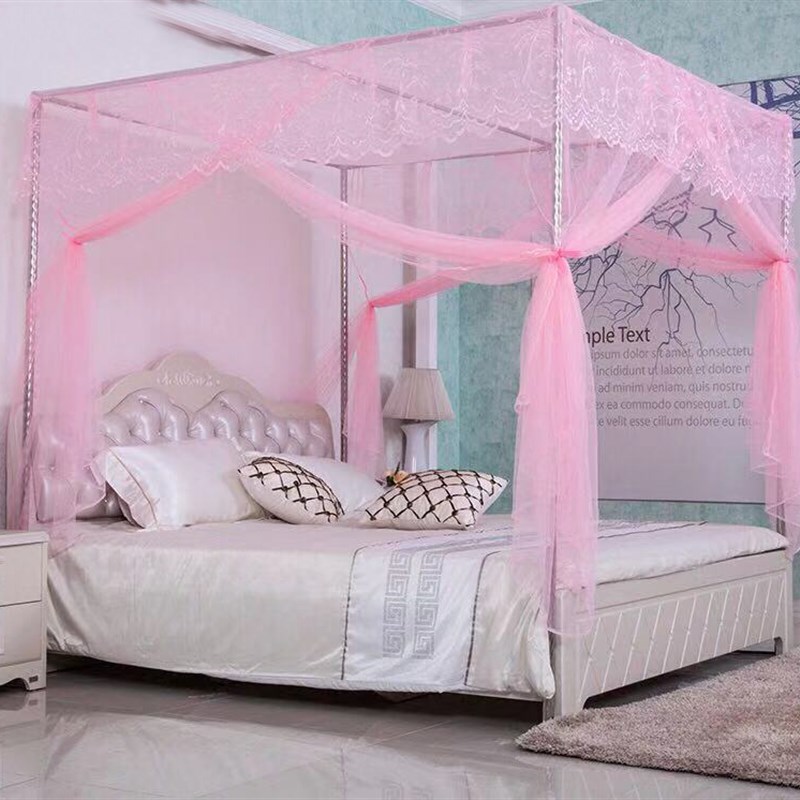 现货速发四柱三开门老式家用蚊帐加粗密厚不锈钢支架风扇杆落体床