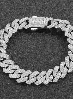 欧美男嘻哈条形古巴弹簧扣Hiphop个性锆石13mm菱形古巴链嘻哈手链