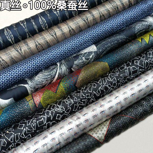 苏州缎100%桑蚕丝特色几何图案印花数码喷绘25姆米真丝丝绸缎布料