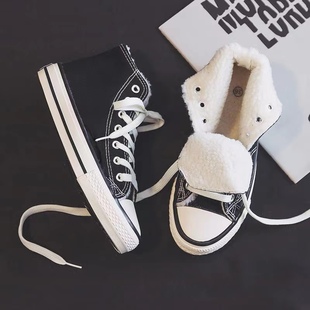 冬季加绒加厚保暖韩版经典高帮帆布鞋女低帮圆头系带休闲百搭板鞋