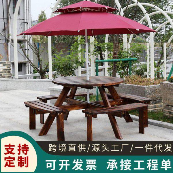 实木圆形连体桌椅凳子 户外阳台庭院公园椅 花园商业街桌椅组合