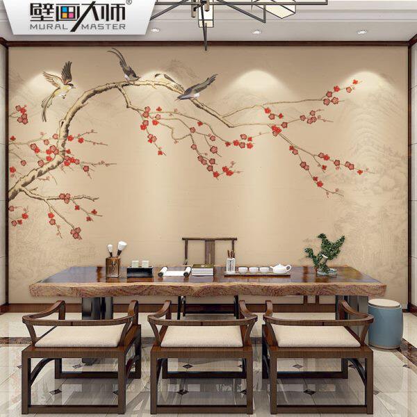 新中式电视背景墙壁纸梅花客厅卧室影视墙墙纸定制壁画个性墙布