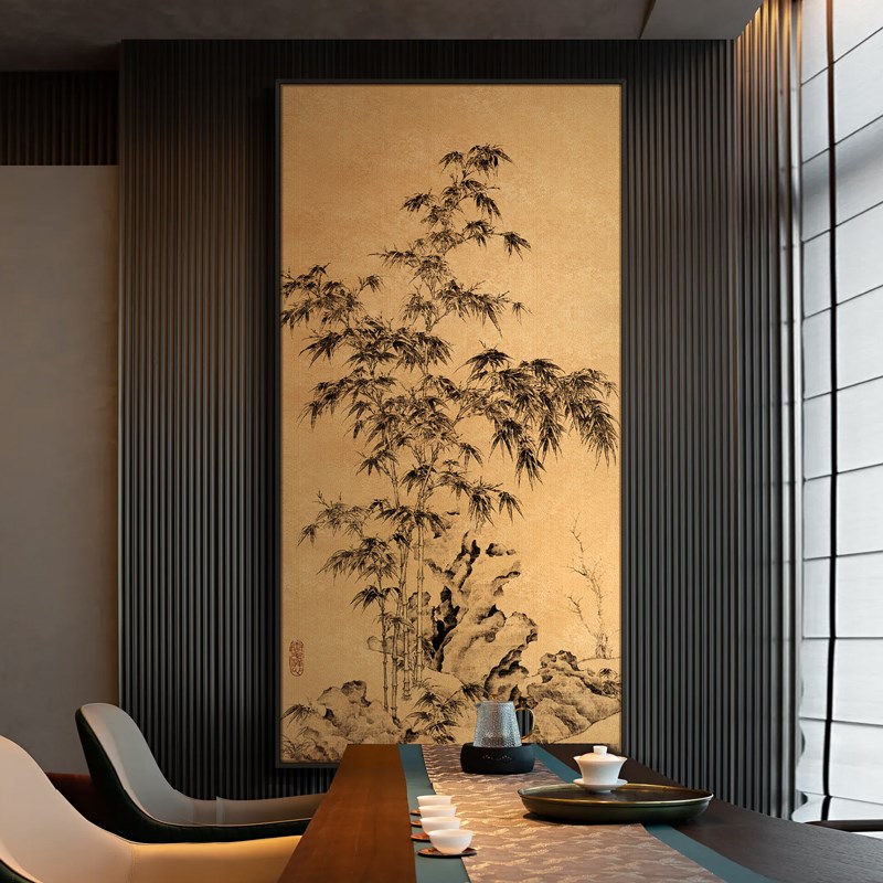 新中式酒店餐厅包厢竖版大幅松树装饰画民宿茶室走廊过道背景挂画图片