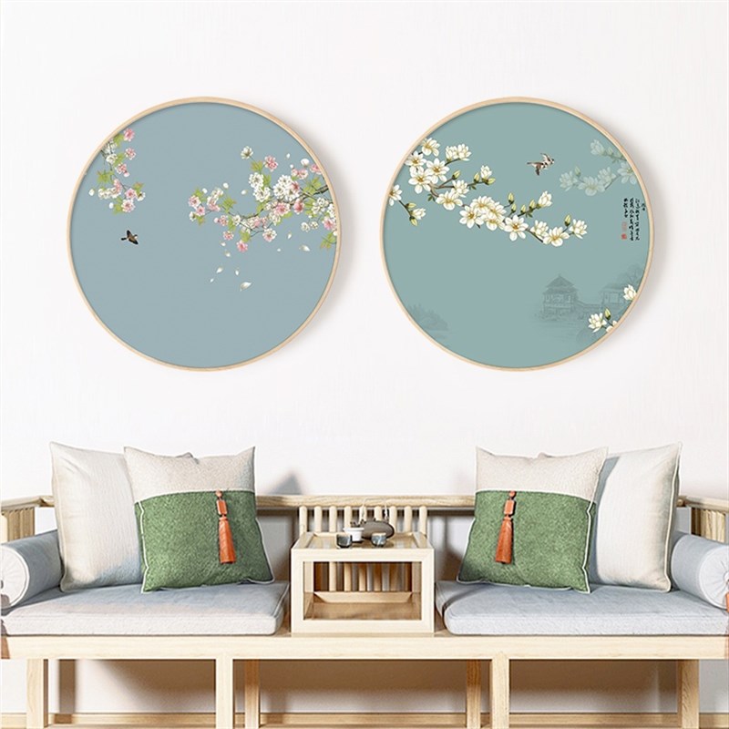 新中式古风花鸟客厅装饰画淡雅蓝色书房茶室餐厅酒店实木圆形挂画图片