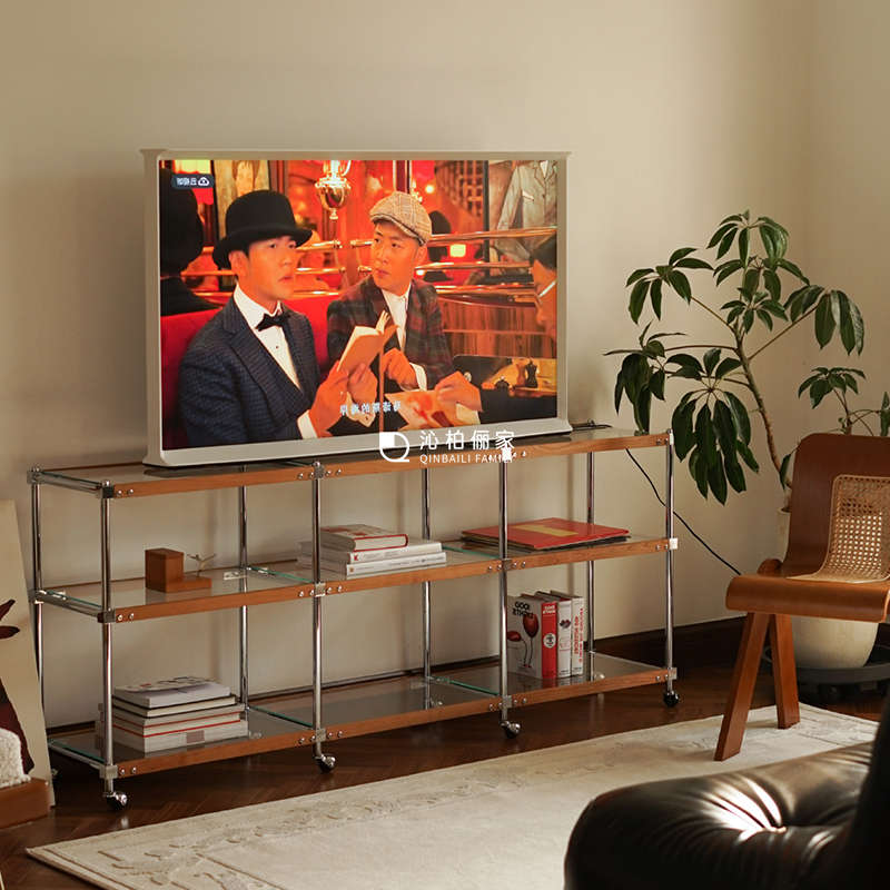 中古可移动实木置物架落地沙发边带D轮边几推车覆古玻璃陈列展示