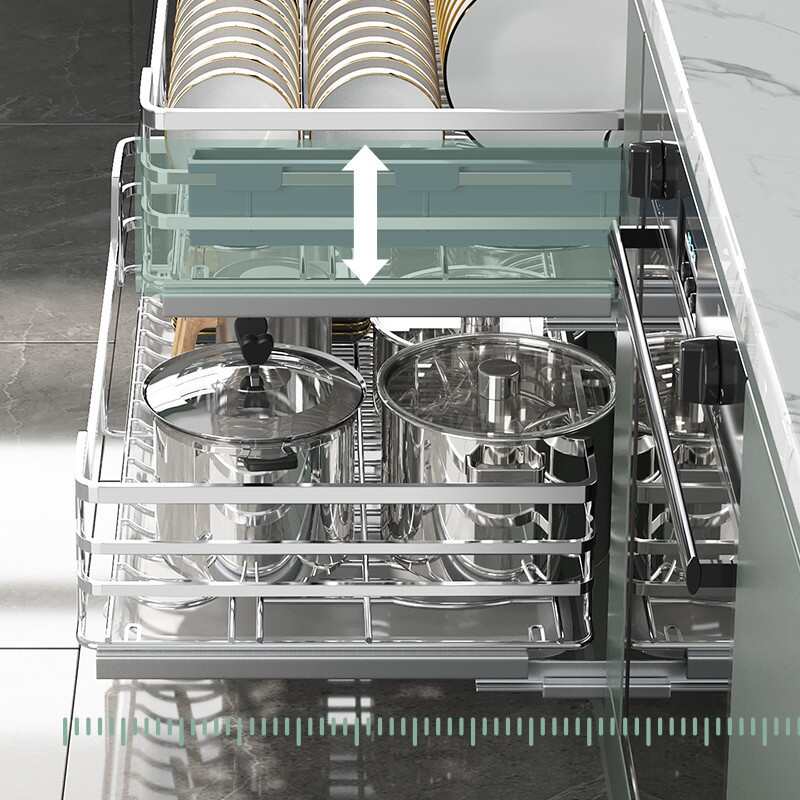 拉篮厨房橱柜双层调味碗q碟碗蓝304不锈钢轨道收纳碗架抽屉式碗篮