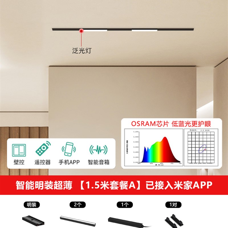 艾登森超薄明装磁吸轨道灯6cm不吊顶客厅线条泛光卧X室过道无主灯