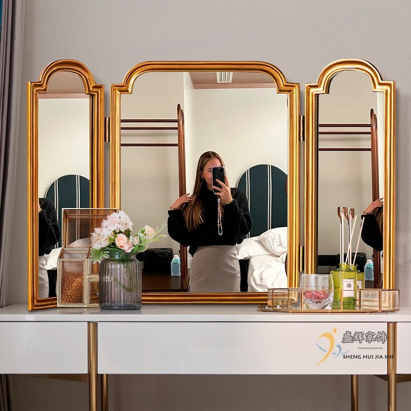 法式复古化妆镜台式桌面家用可折叠卧室J大号三面镜三折梳妆台镜