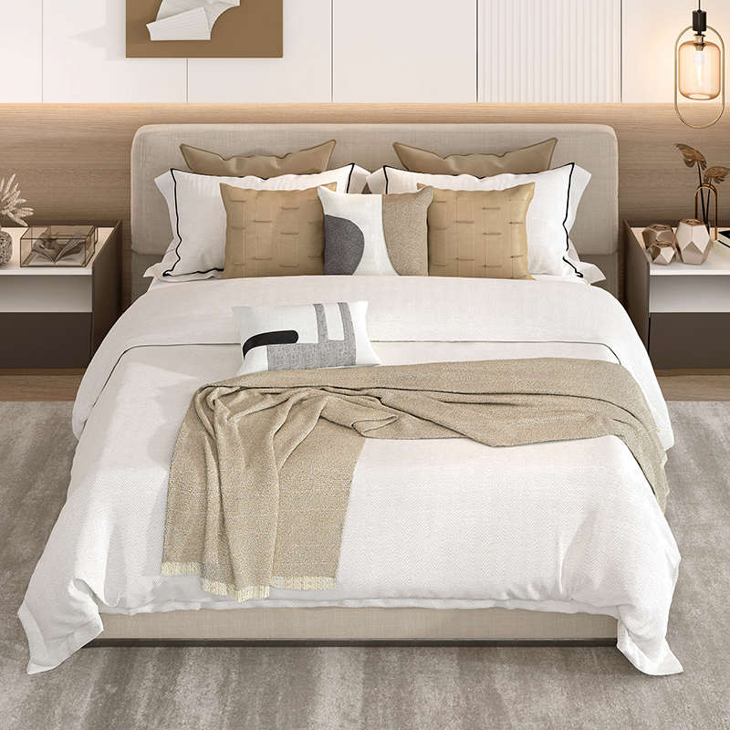 简约样板b间床上用品十一件套侘寂风米白咖现代样板房床品多件套