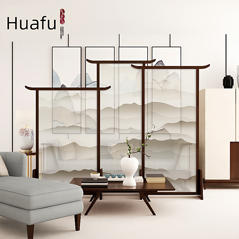 新中式屏风隔断客厅布艺玄关入户实木移动山水座屏卧室遮挡家用