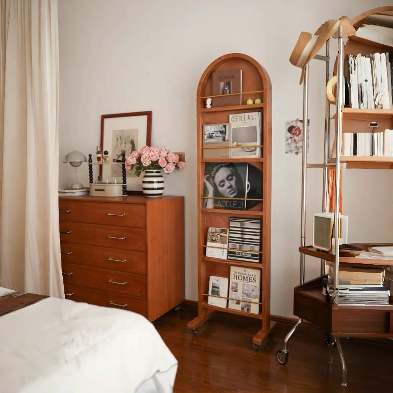 覆古风实木全身全身镜移动落地旋转书架杂志一体法式置物玄关