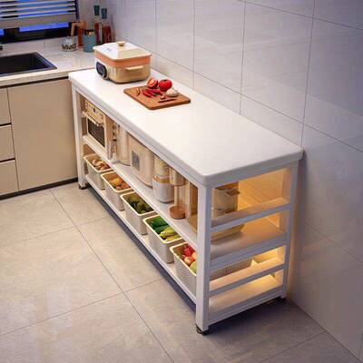 适用厨房多功能置物架落地切菜桌子工作台多层微波炉锅具收纳架窄