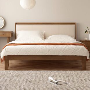 安在野 全实木双人床榉木轻奢北欧卧室床充电夜灯软靠软包胡桃木