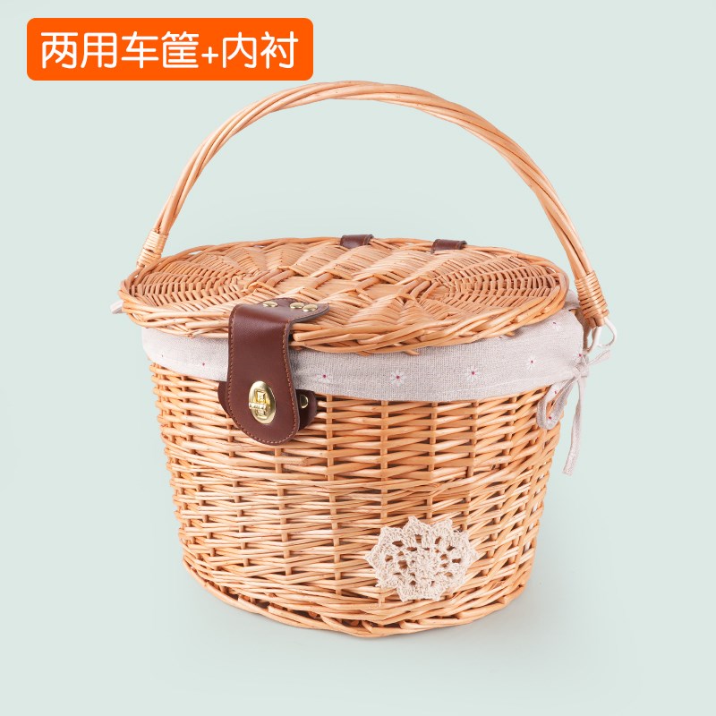 复古折叠自行车藤编车筐车篮柳编单车车篓框带盖电动X车尾箱菜篮
