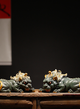 国潮风精品青砂石招财创意貔貅一对摆件中式家居T茶室书房桌面装