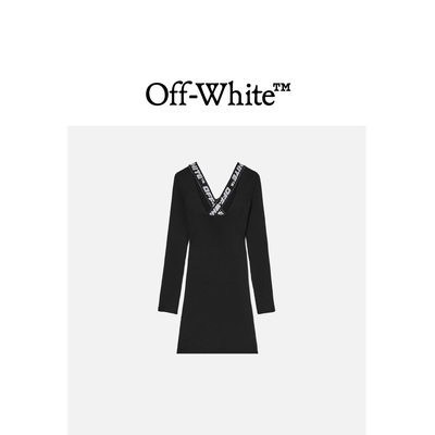 OFF-WHITE™女装交叉袢带修身罗纹长袖连衣裙