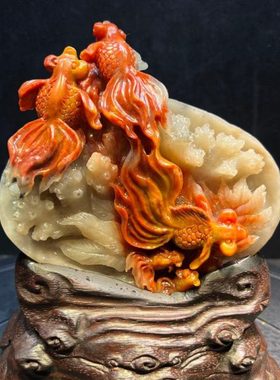 福建寿山石年年有余摆件满结晶体浮雕俏色家居客厅装饰摆设原石