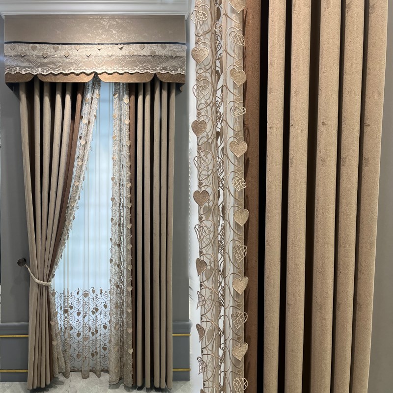 2024高遮光布纱假双层浮雕花边一体F成品窗帘飘窗卧室落地帘定制
