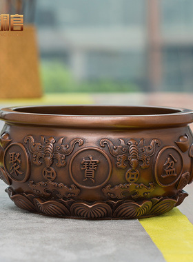 紫铜聚宝盆摆件铜工艺品客厅玄关书柜办公M桌博古架家居装饰品摆