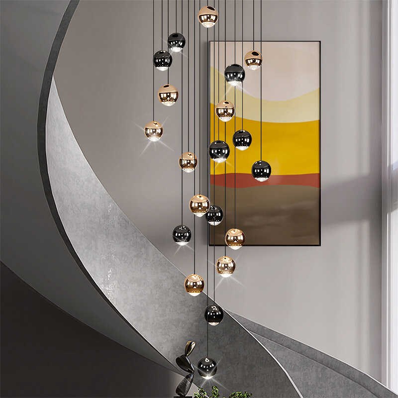 楼梯长吊灯现代简约别p墅复式太空铝圆球客厅餐厅北欧轻奢旋转灯