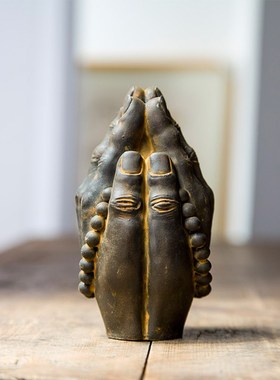 禅意新中式双手合十阿弥s陀佛创意摆件书房桌面博古架纯手工工艺