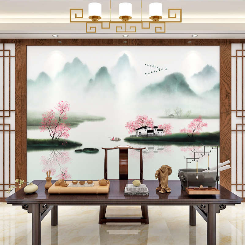 新中式壁纸 意境水墨山水画电视背景墙壁布 N卧室墙纸壁画客厅墙