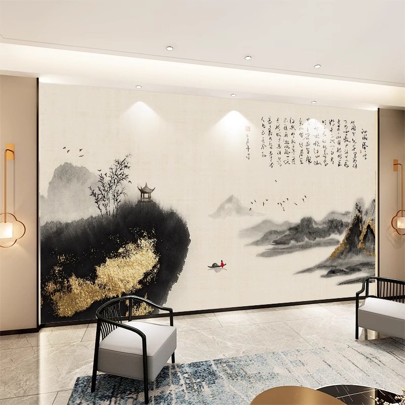 新中式电视背景墙壁纸客t厅沙发墙书法山水画壁布无缝壁画环保墙