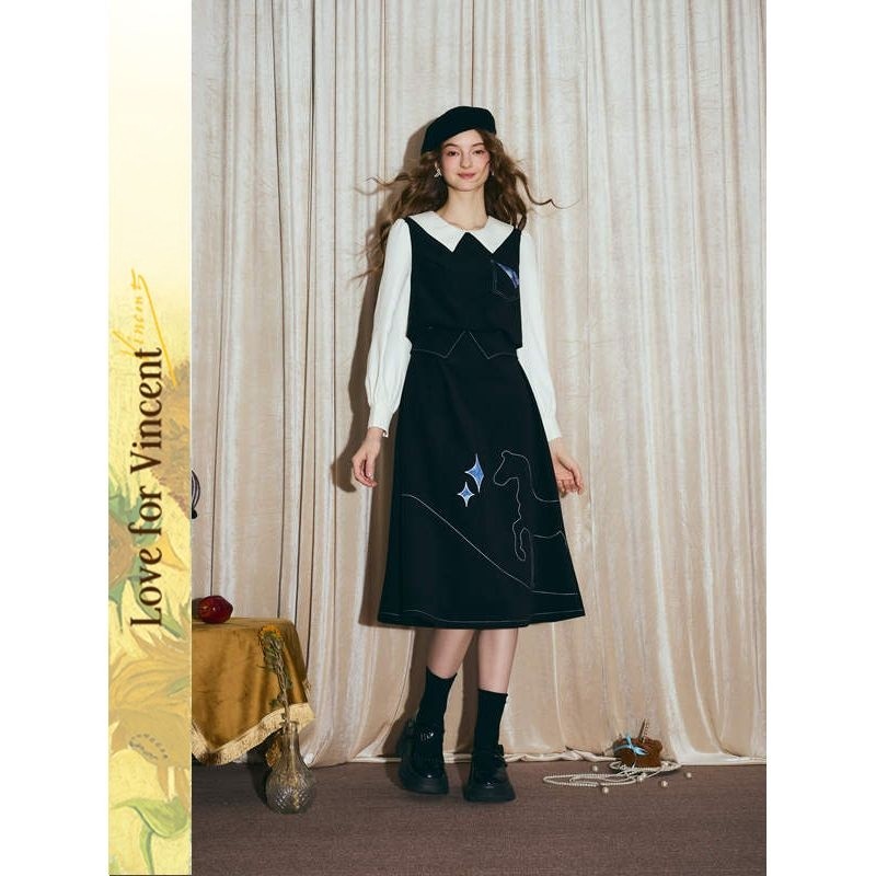 【同款优选】梵高文艺黑糖银河2025贴布绣花拼色假两件连衣裙,女装/女士精品,连衣裙,淘宝优惠券,粉丝福利购,淘宝优惠卷