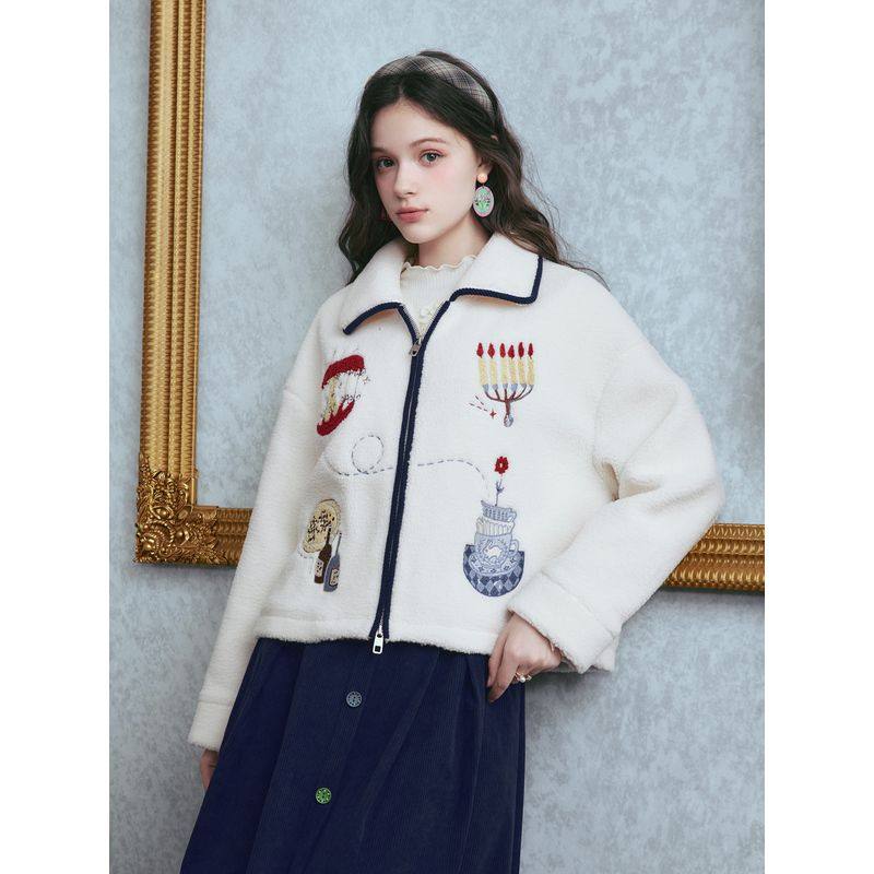 梵高甜梦晚宴2025秋冬新款复古趣味刺绣毛绒短外套女,女装/女士精品,短外套,淘宝优惠券,粉丝福利购,淘宝优惠卷