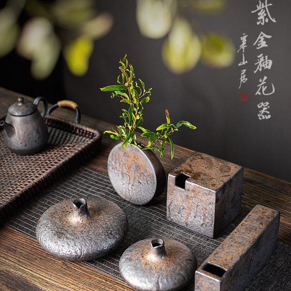 寒山居紫金釉陶瓷花器手工岩陶禅意小花插水培小花瓶花道干花插瓶