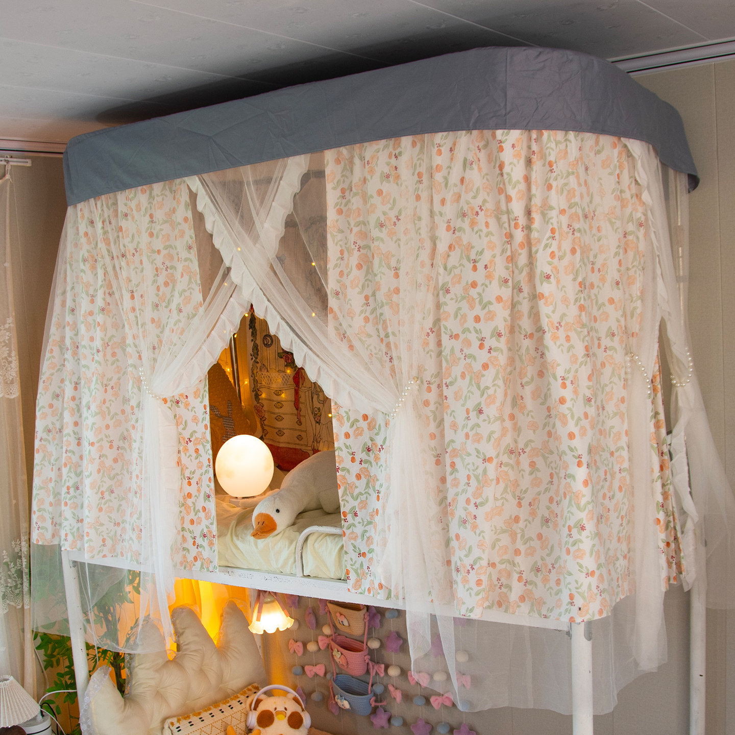 学生宿舍上铺u型一体交叉蚊帐全棉无涂层无甲醛健康纯棉透气床帘