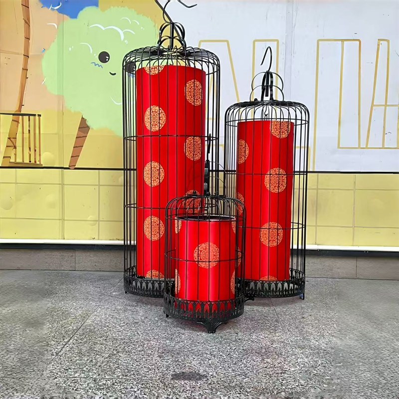 新中式铁艺鸟笼吊灯落地灯酒吧咖啡厅通道灯具灯饰喜庆红灯笼挂灯