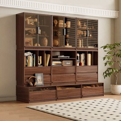 黑胡桃木卡座书柜一体自由组合展示柜客厅新中式落地多功能置物架