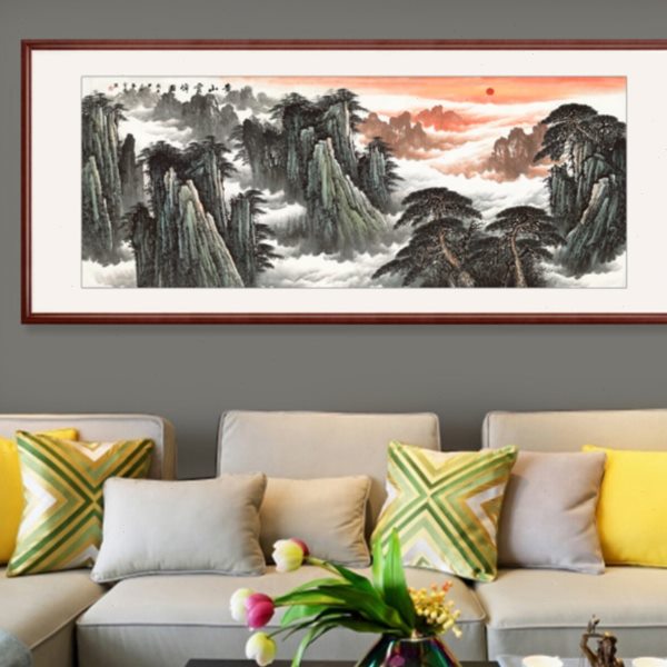 中式客厅办公室 黄山风景画 靠山图旭日东升无水风水画挂画山水画