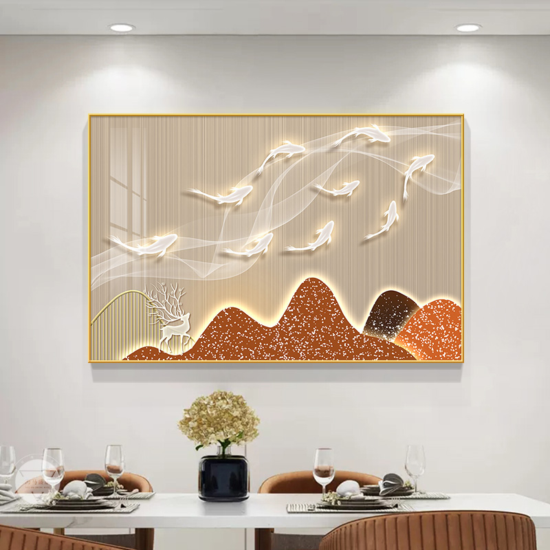 轻奢九鱼图餐厅装饰画高级感挂画现代简约饭歺厅餐桌厨房墙面壁画图片