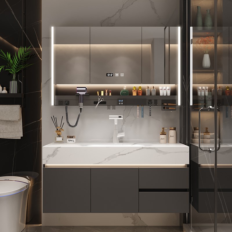 轻奢简约风岩板热弯一体盆t浴室柜组合卫生间洗漱台洗脸洗手盆实