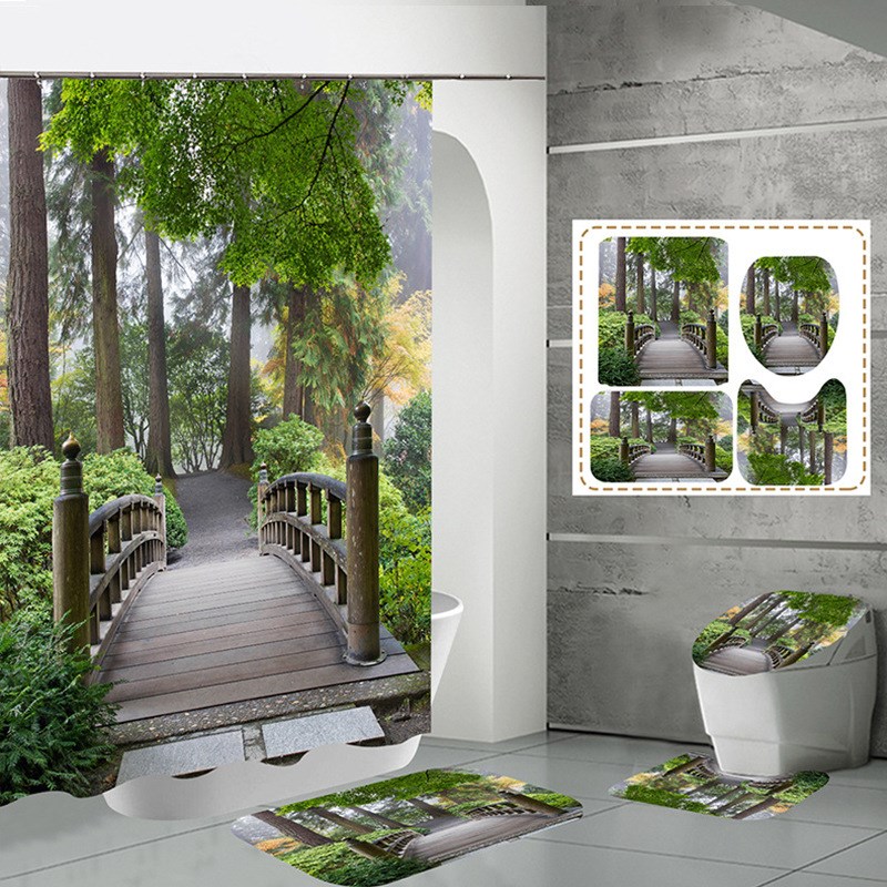 数码印花b涤纶浴帘3D隔断帘浴帘电商地垫三件套风景图案